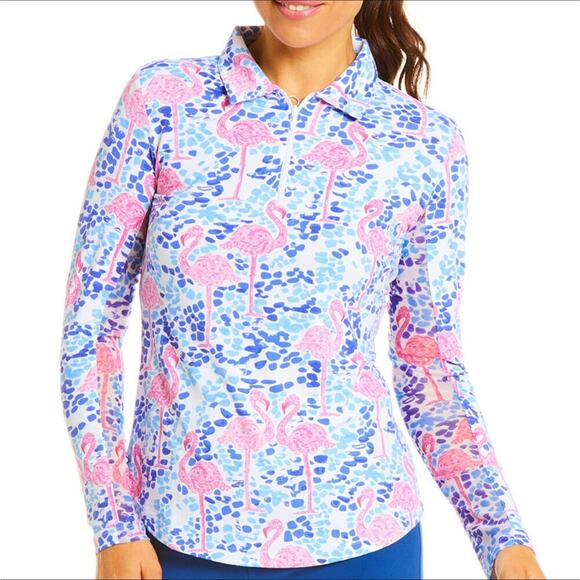 IBKUL Long Sleeve 1/4 Zip Mock Neck Flamingo Print Top Golf Pickleball Size XL - Picture 1 of 10